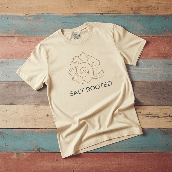 Flat lay - ivory Salt Rooted tee on weathered driftwood planks