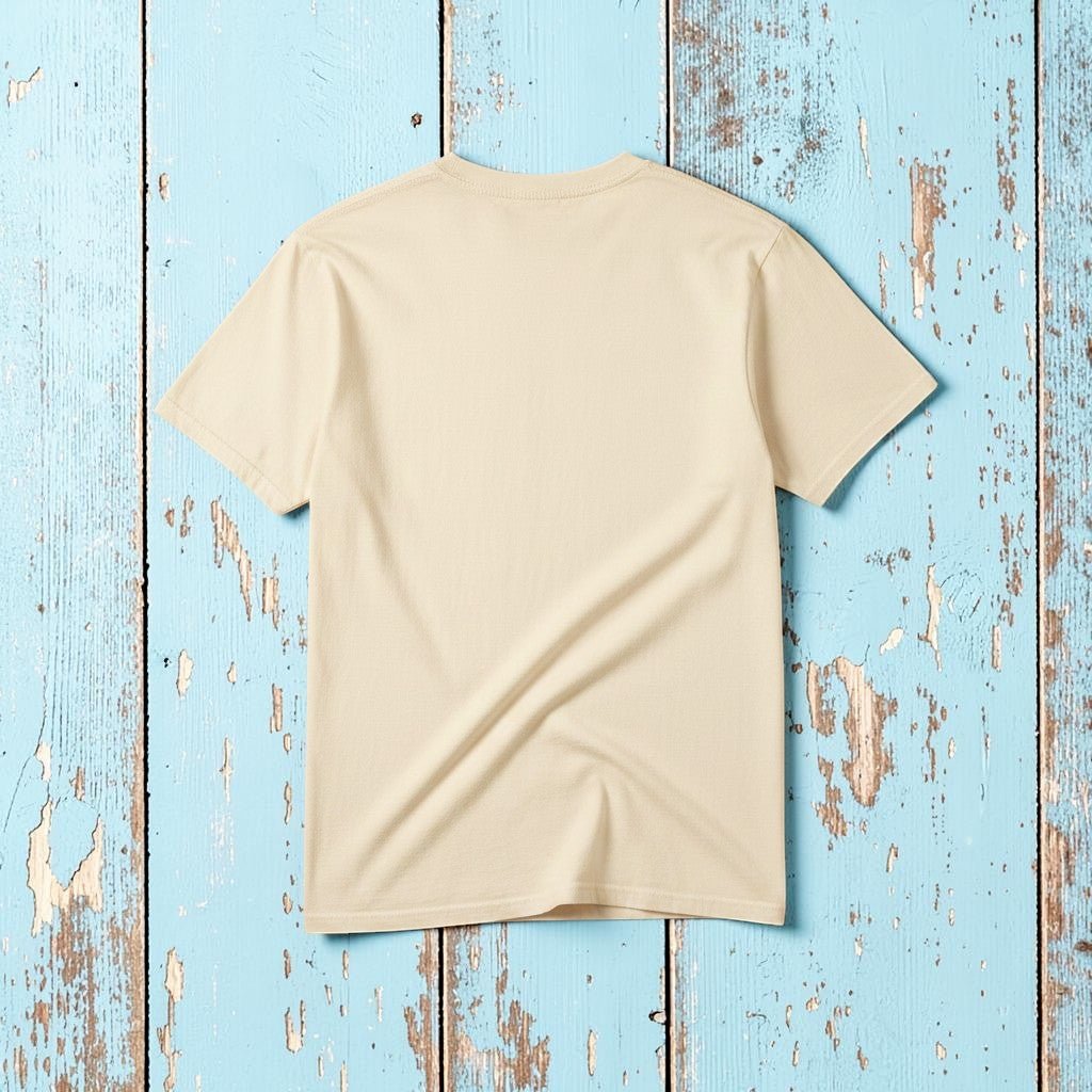 Salt Rooted Vinyl Record Tee in Ivory — plain back, warm sand studio background