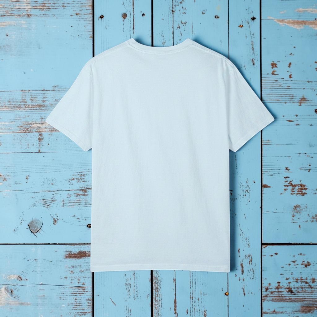 Salt Rooted Vinyl Record Tee in Chambray Blue — plain back, warm sand studio background