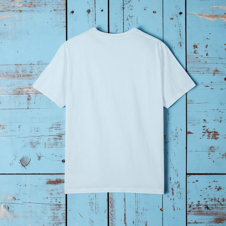 Salt Rooted Vinyl Record Tee in Chambray Blue — plain back, warm sand studio background