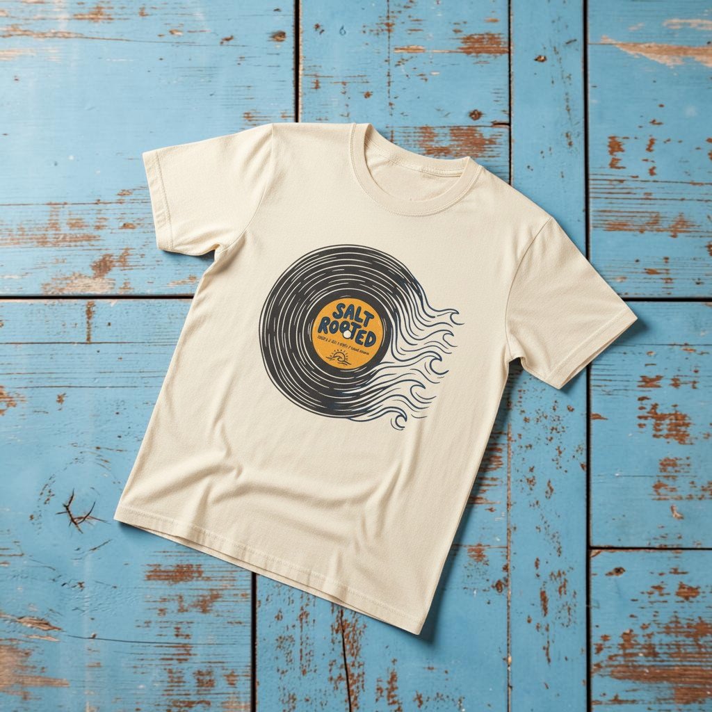 Salt Rooted Vinyl Record Tee in Ivory — front graphic, warm sand studio background