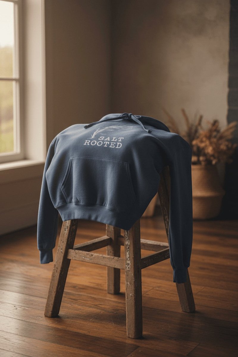 Salt Rooted Wheat Hoodie in Denim casually draped over a weathered wooden stool