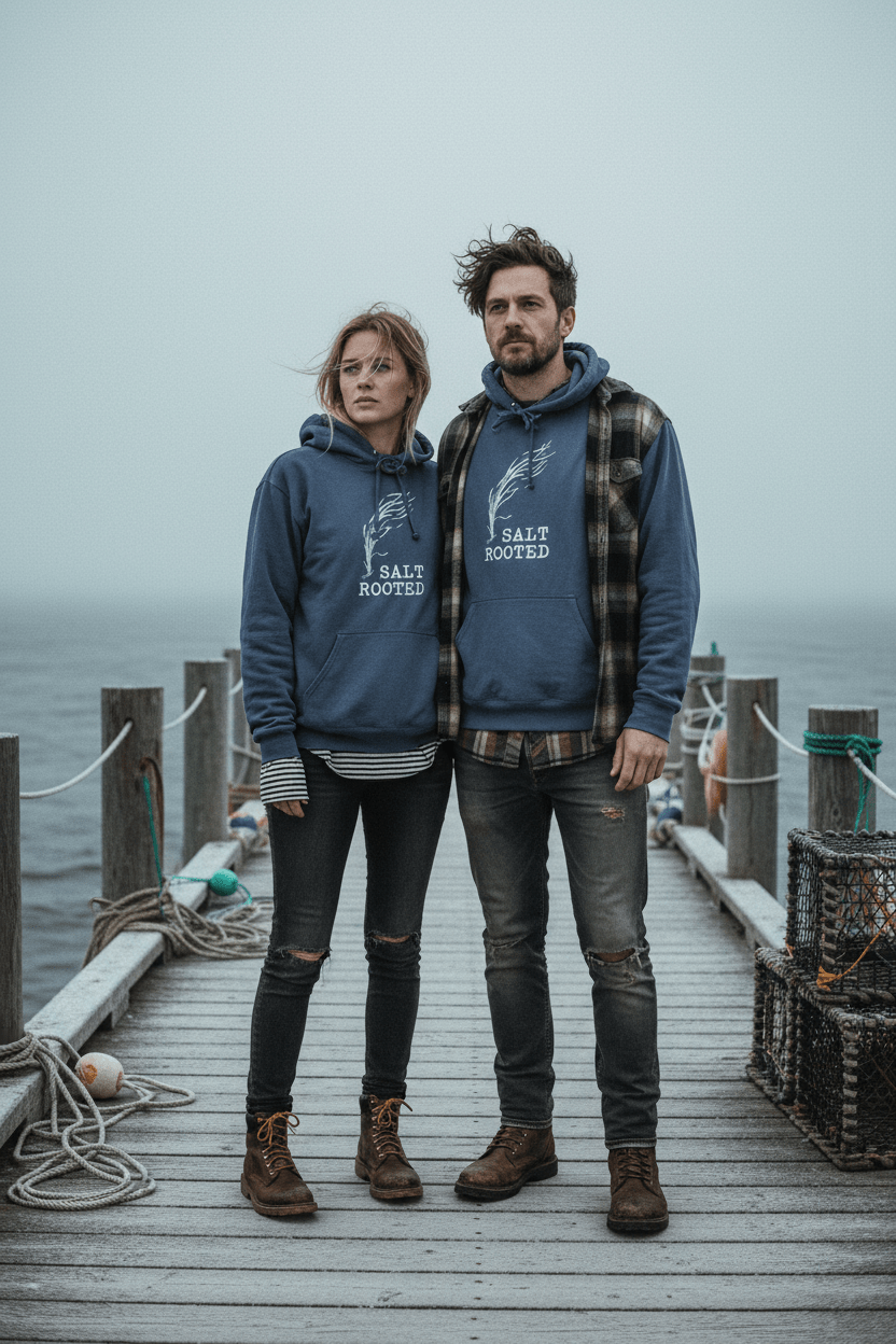 Grunge couple wearing Salt Rooted Wheat Hoodies in Denim on a moody Maine winter coastal dock