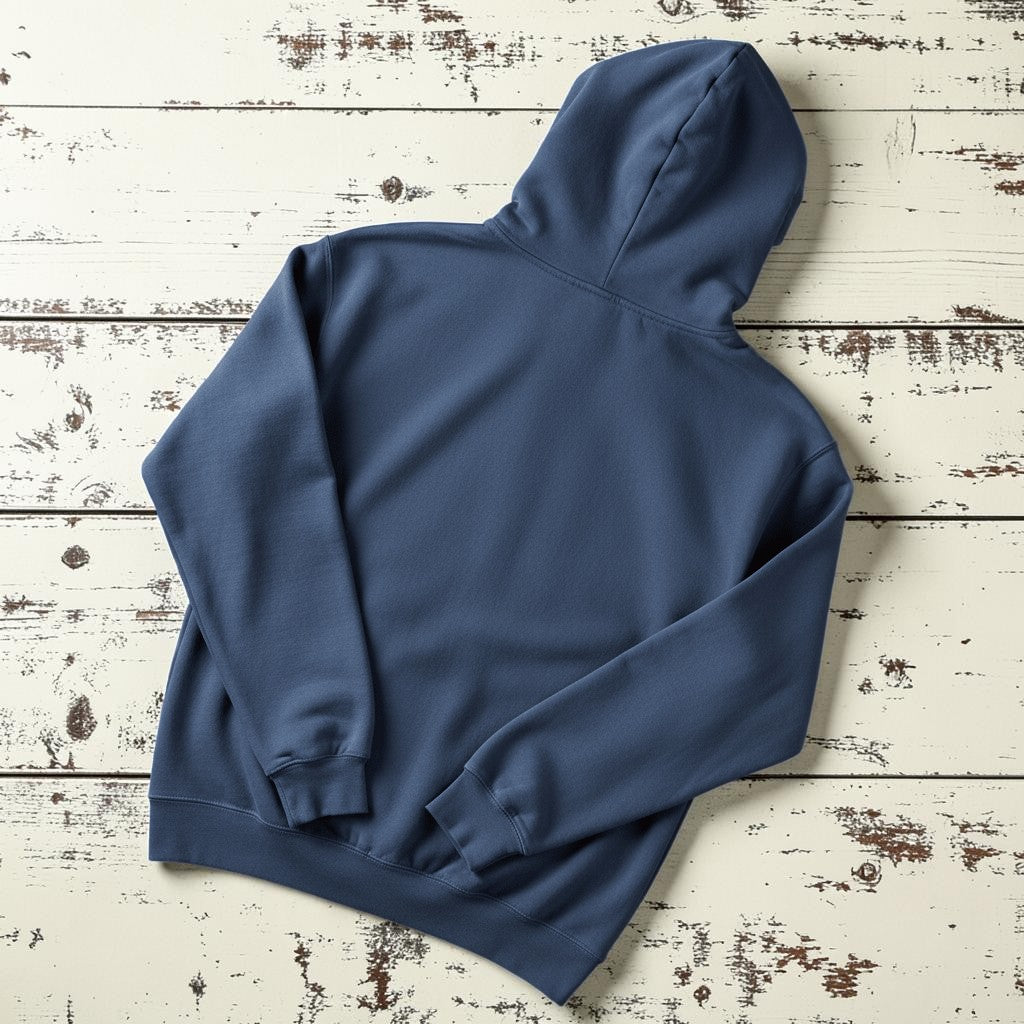 Salt Rooted Wheat Hoodie in Denim — plain back on driftwood