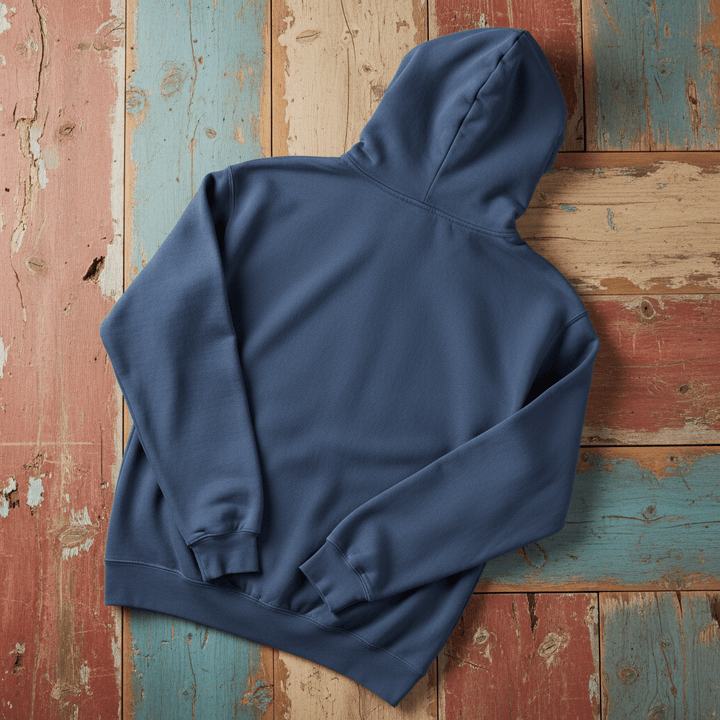 Salt Rooted Wheat Hoodie in Denim — plain back on driftwood