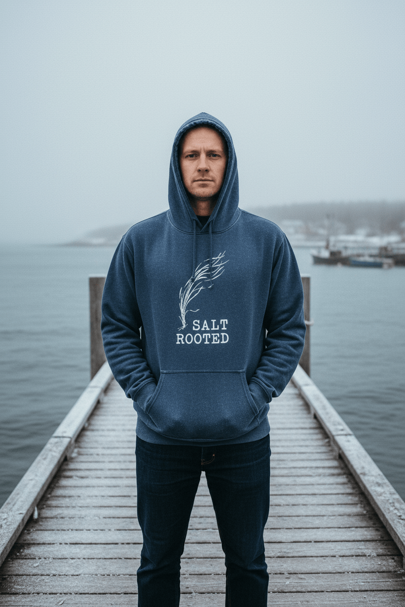 Male model wearing Salt Rooted Wheat Hoodie in Denim on a moody Maine winter coastal dock