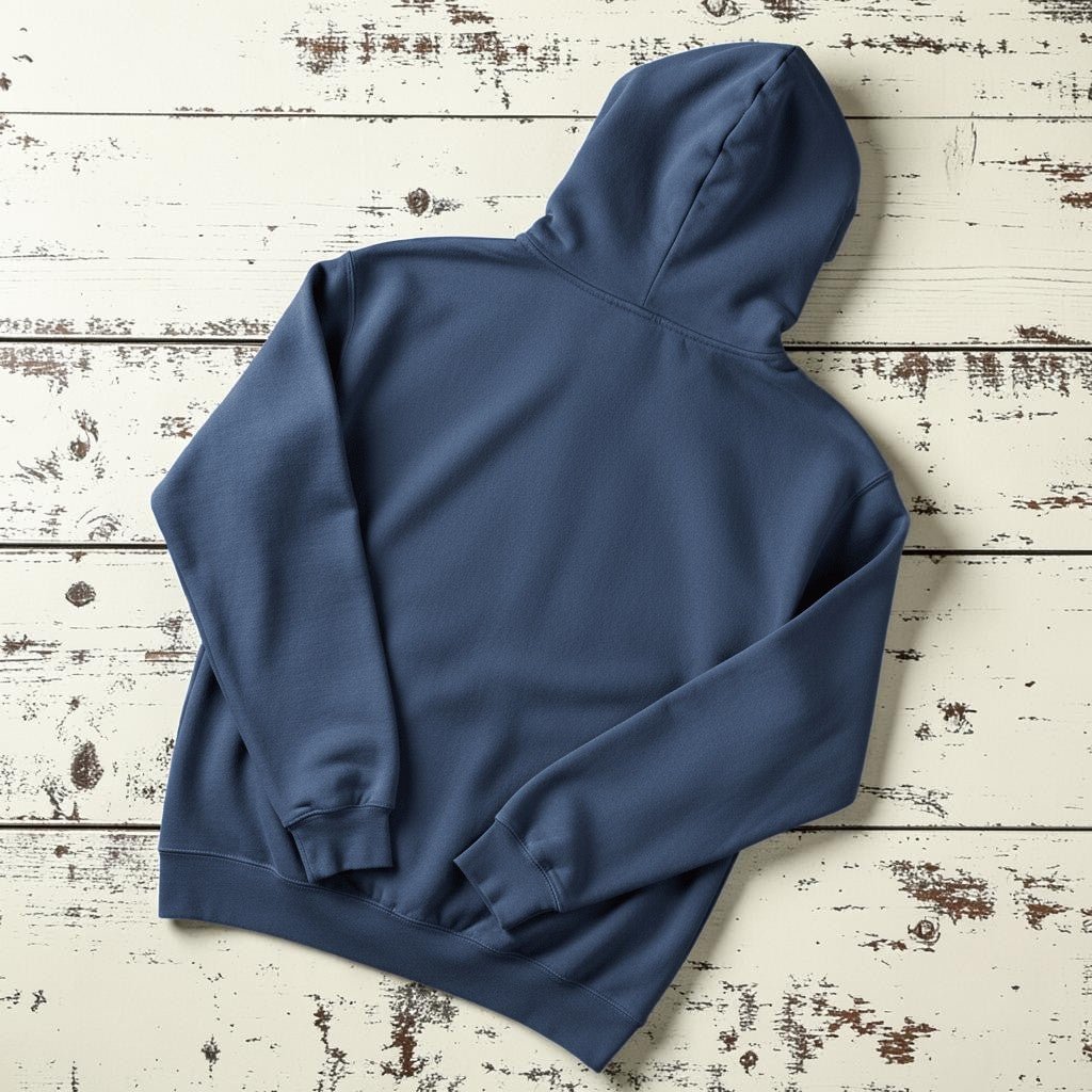 Salt Rooted Wheat Hoodie in Denim — plain back on driftwood