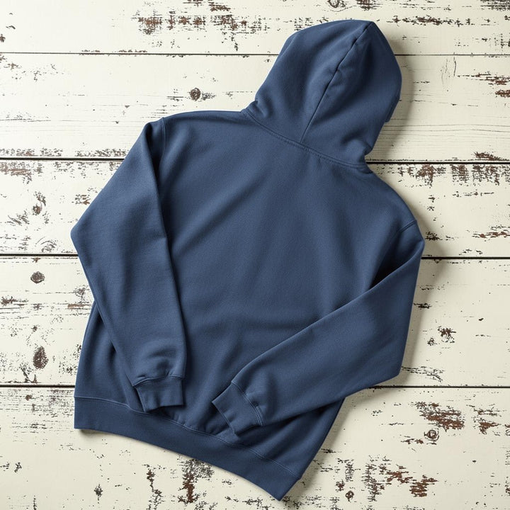 Salt Rooted Wheat Hoodie in Denim — plain back on driftwood