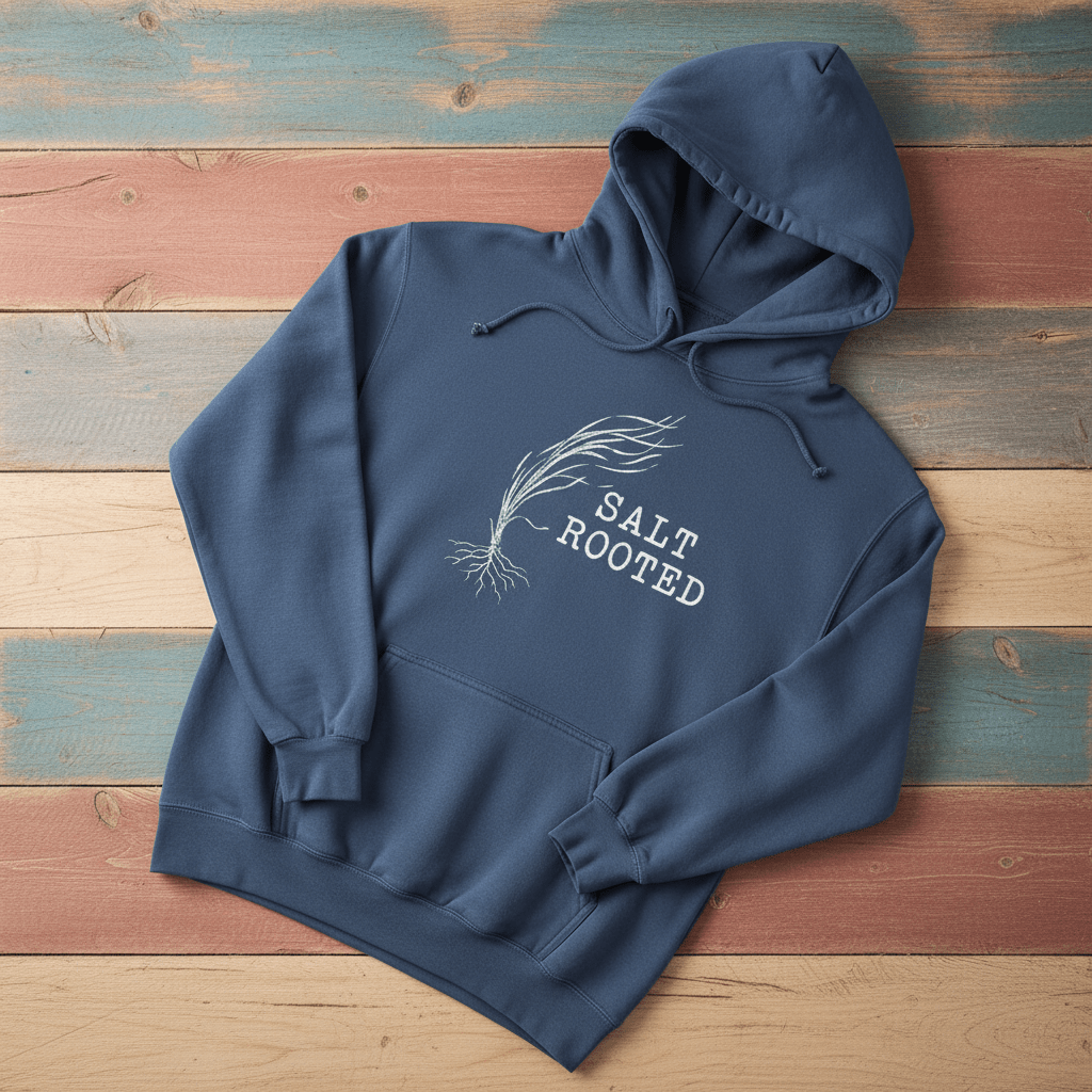 Salt Rooted Wheat Hoodie in Denim — front sea grass graphic and SALT ROOTED text on driftwood