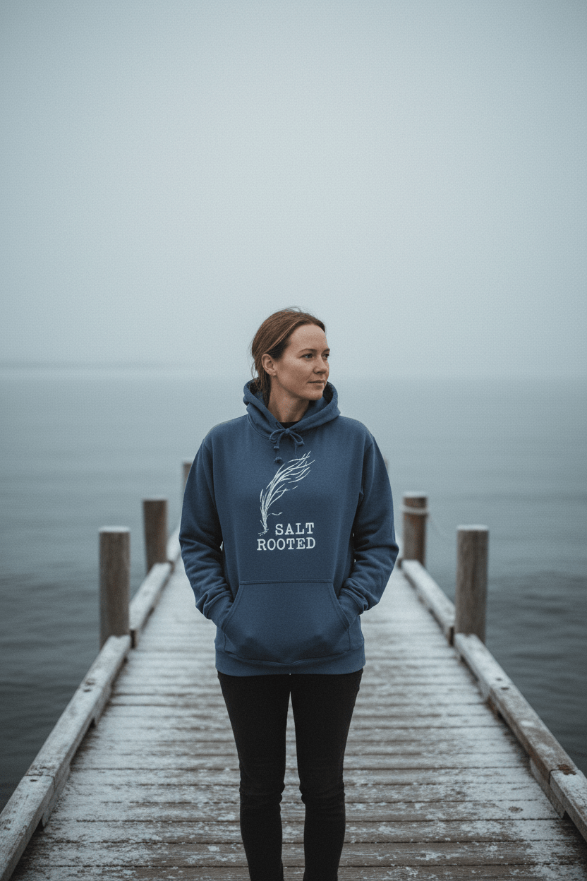 Female model wearing Salt Rooted Wheat Hoodie in Denim on a moody Maine winter coastal dock