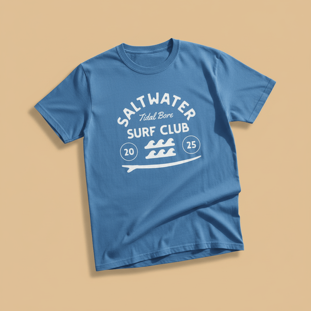 Saltwater Surf Club Tee in Bay Blue — front graphic, warm sand studio background