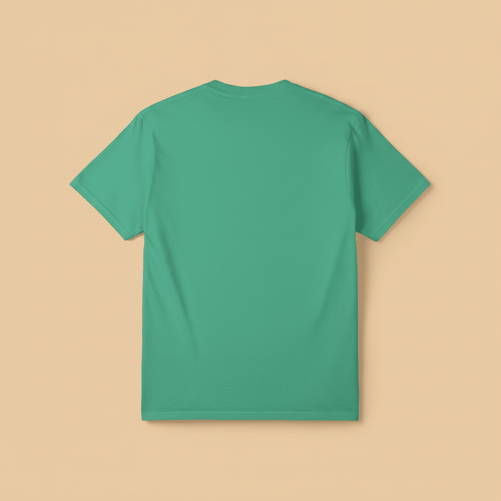 Saltwater Surf Club Tee in Island Green — plain back, warm sand studio background