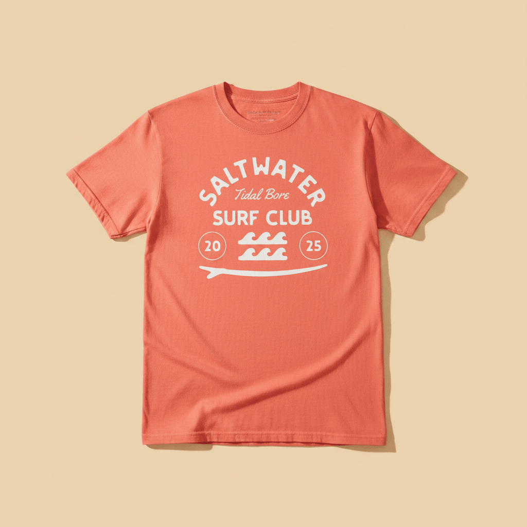 Saltwater Surf Club Tee in Bright Salmon — front graphic, warm sand studio background