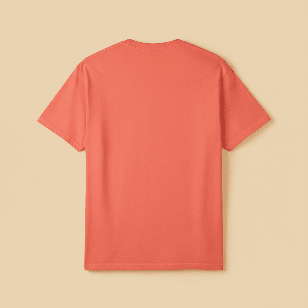 Saltwater Surf Club Tee in Bright Salmon — plain back, warm sand studio background