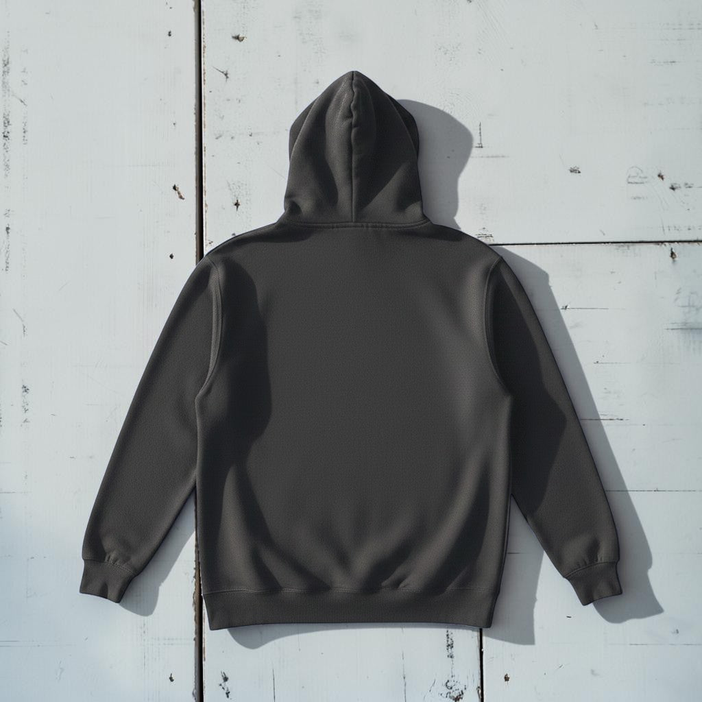 Saltwater Surf Club Hoodie in Pepper — plain back, warm sand studio background