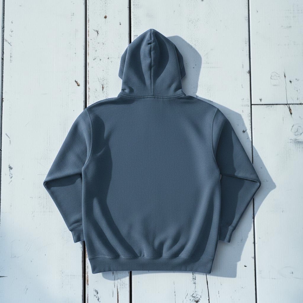 Saltwater Surf Club Hoodie in Denim — plain back, warm sand studio background
