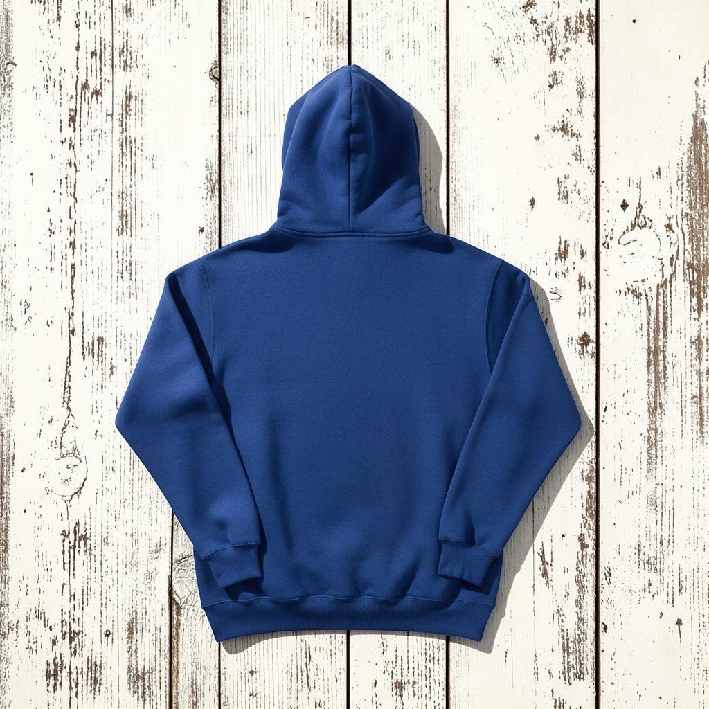 Saltwater Surf Club Hoodie in Flo Blue — plain back, warm sand studio background