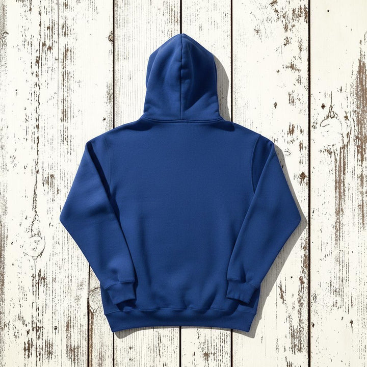Saltwater Surf Club Hoodie in Flo Blue — plain back, warm sand studio background