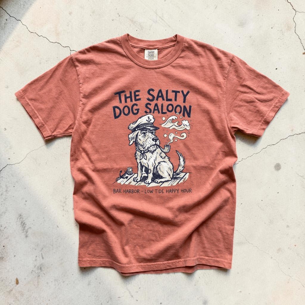 Red t-shirt with 'The Salty Dog Saloon' graphic on a textured surface