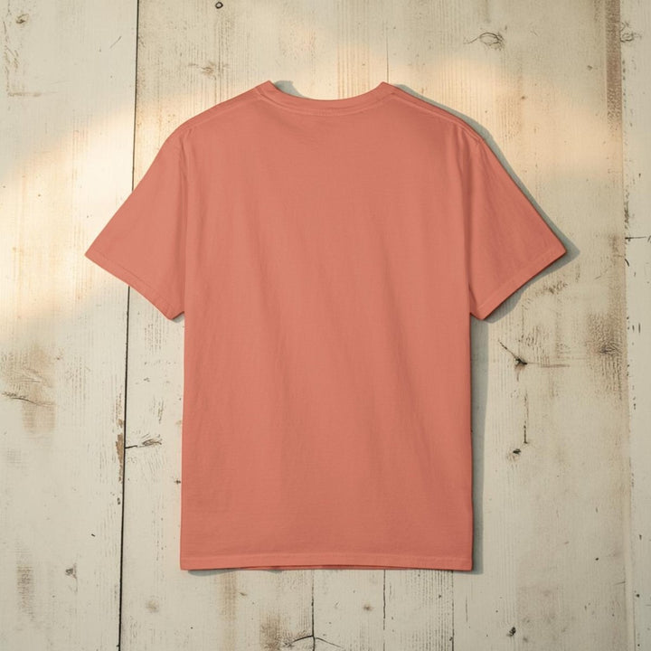 Back view of a plain terracotta t-shirt on a white background