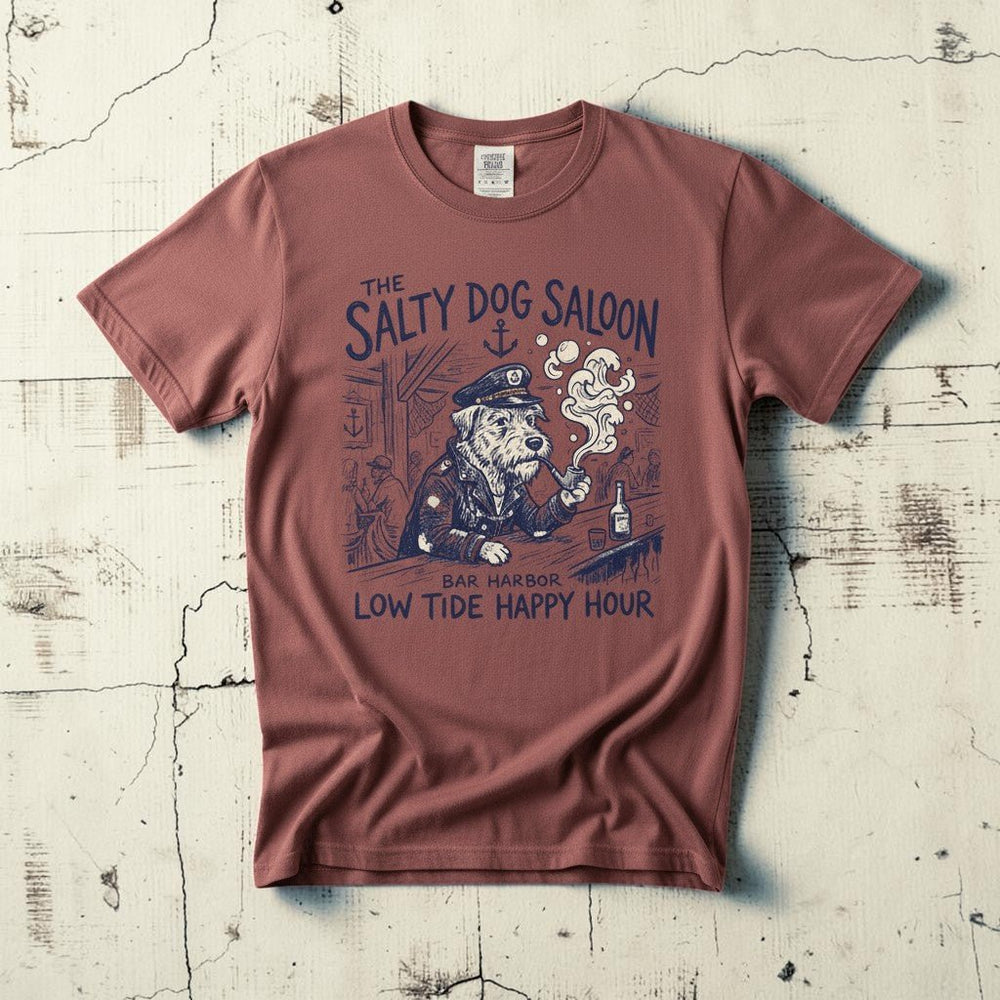 Salty Dog Saloon nautical bar sea captain graphic t-shirt in Brick casually tossed on a light sand-colored woven rug