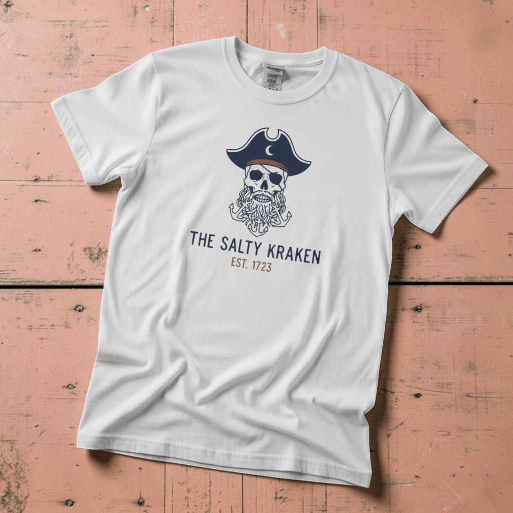 Pirate Kraken Skull white garment-dyed tee on weathered wood planks