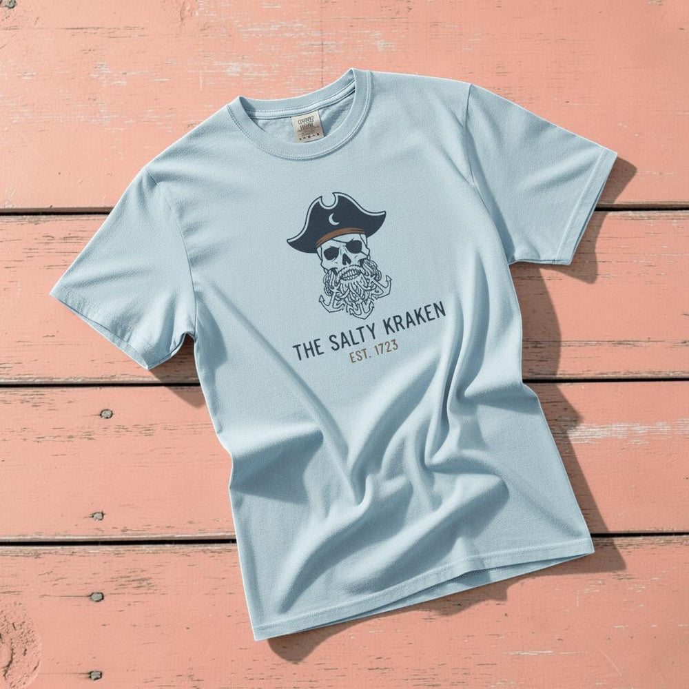 Pirate Kraken Skull chambray garment-dyed tee on weathered wood planks