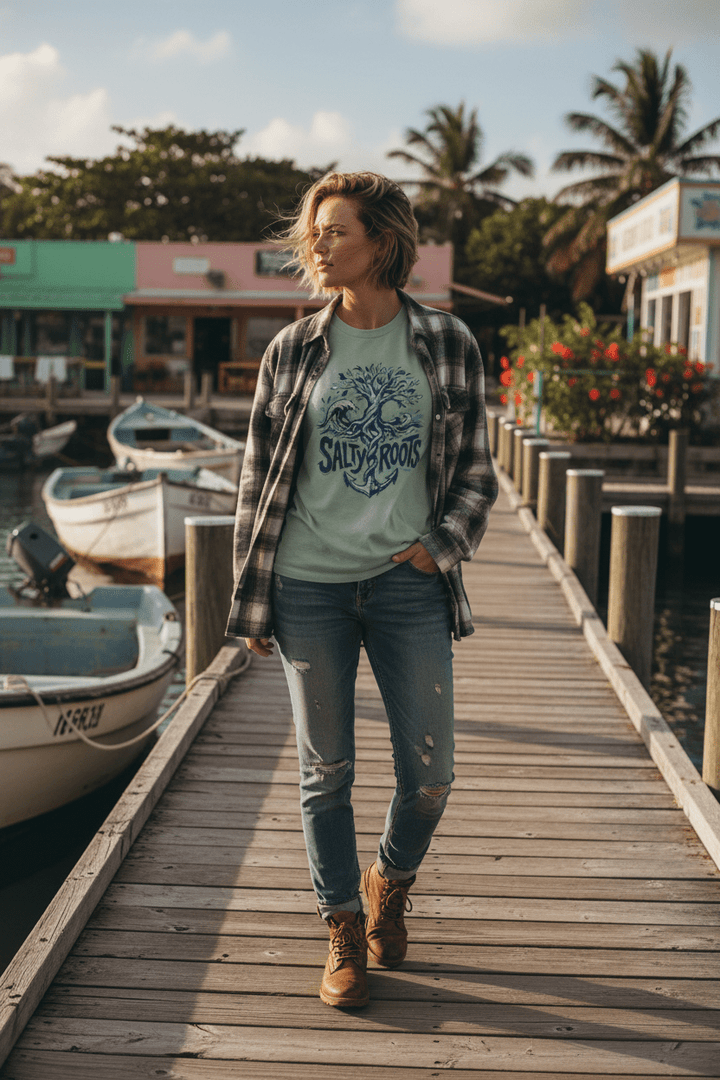 Female lifestyle - sage green Salty Roots tee on tropical island dock