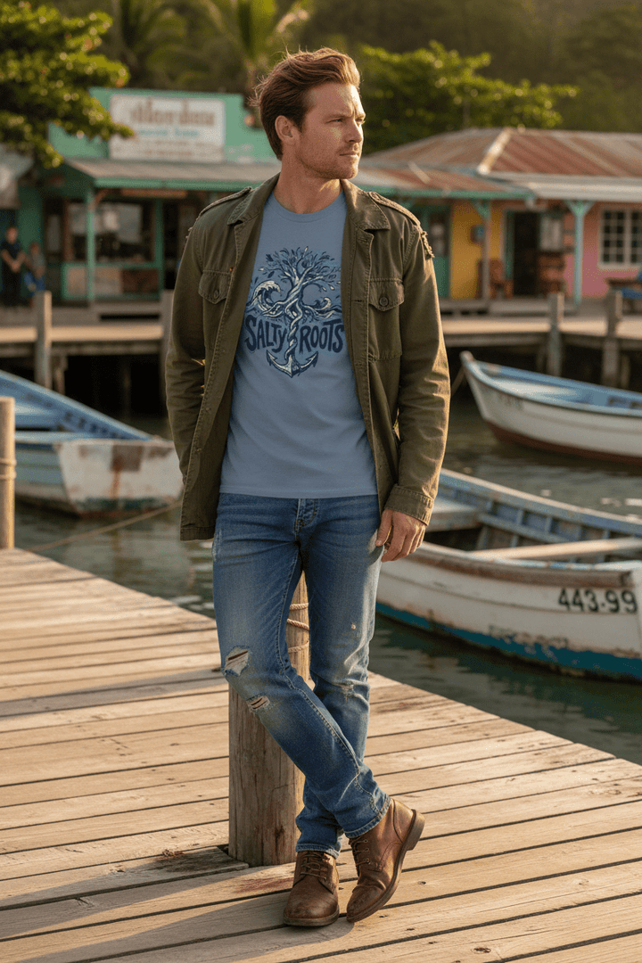 Male lifestyle - slate blue Salty Roots tee on tropical island dock