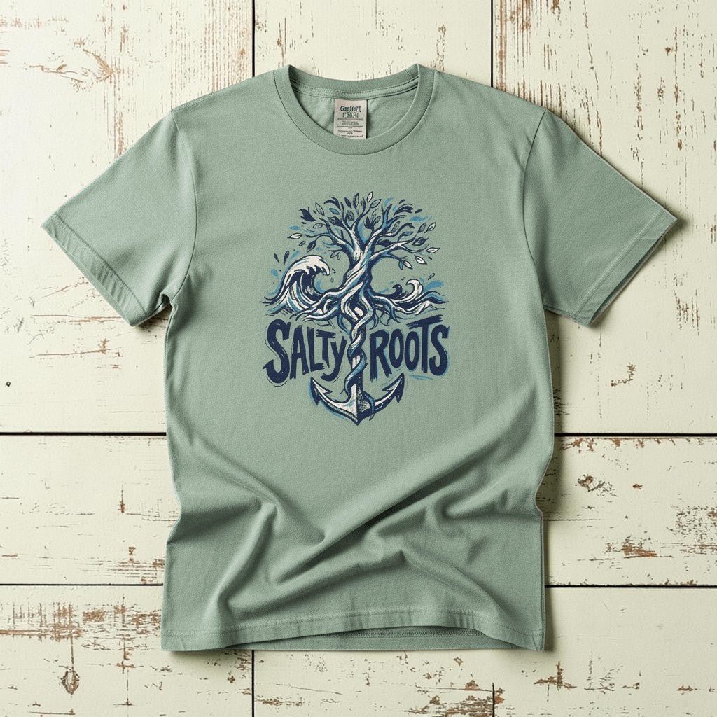 Flat lay - sage green Salty Roots tee with Comfort Colors label on weathered driftwood planks