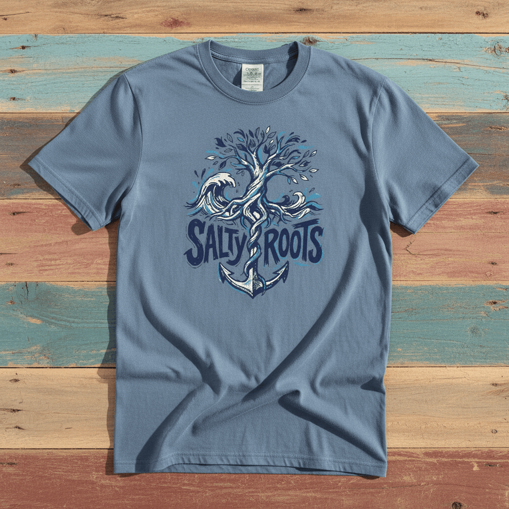 Flat lay - slate blue Salty Roots tee with Comfort Colors label on weathered driftwood planks