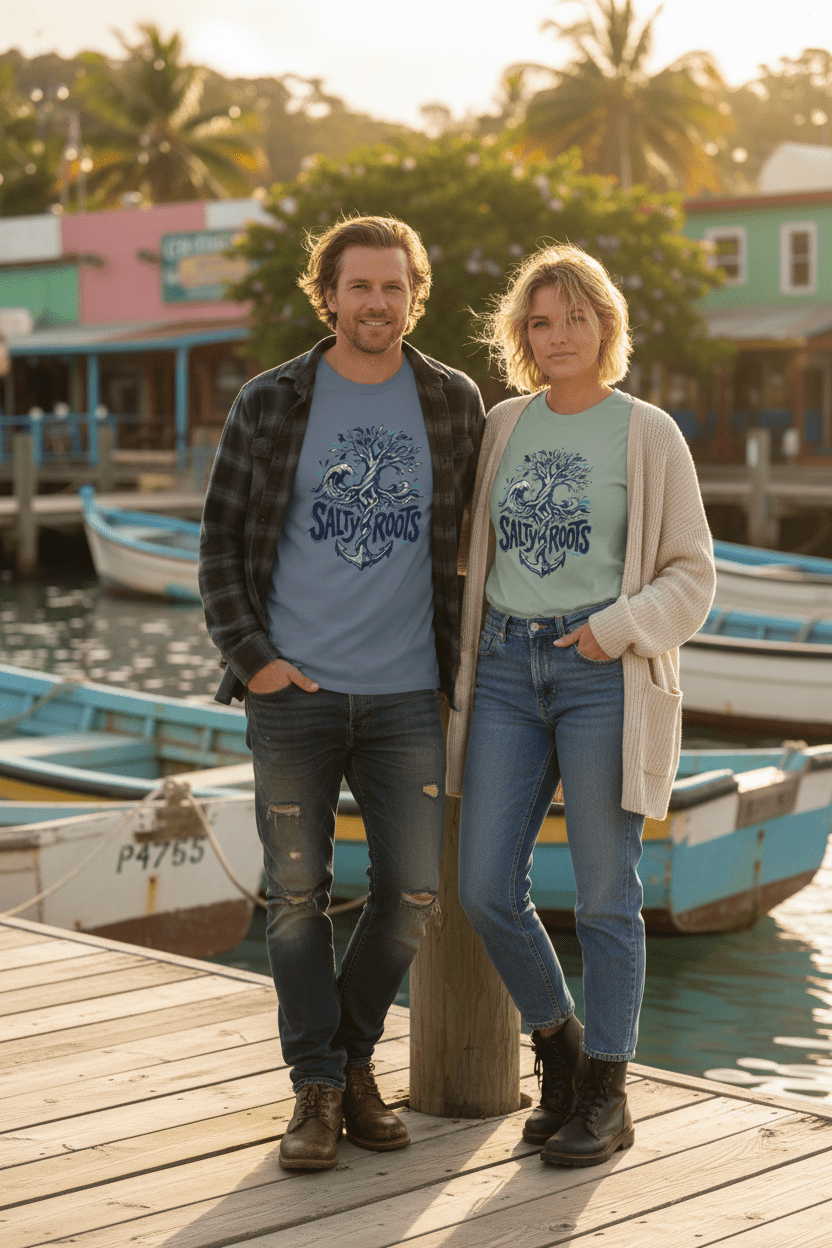 Couple lifestyle - slate blue and sage green Salty Roots tees on tropical island dock