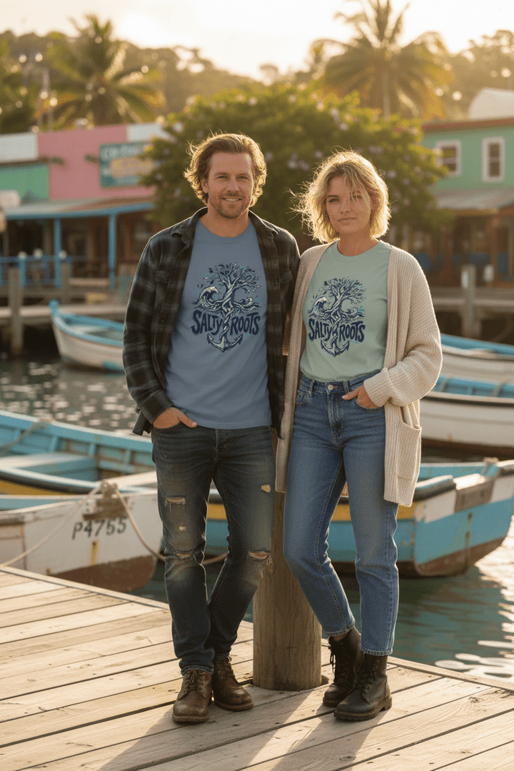 Couple lifestyle - slate blue and sage green Salty Roots tees on tropical island dock