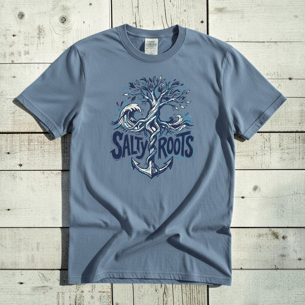 Flat lay - slate blue Salty Roots tee with Comfort Colors label on weathered driftwood planks