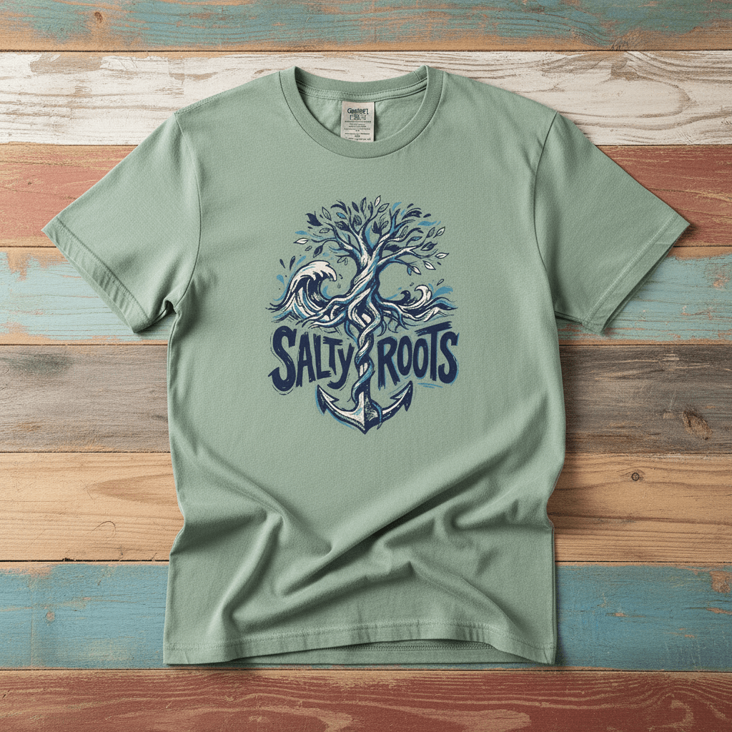 Flat lay - sage green Salty Roots tee with Comfort Colors label on weathered driftwood planks