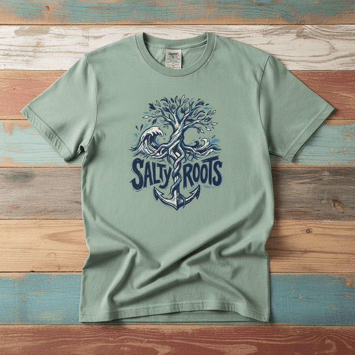 Flat lay - sage green Salty Roots tee with Comfort Colors label on weathered driftwood planks