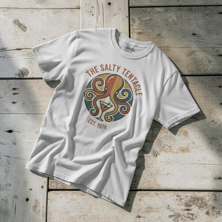 Salty Tentacle Bar white garment-dyed tee casually tousled on rustic reclaimed wood