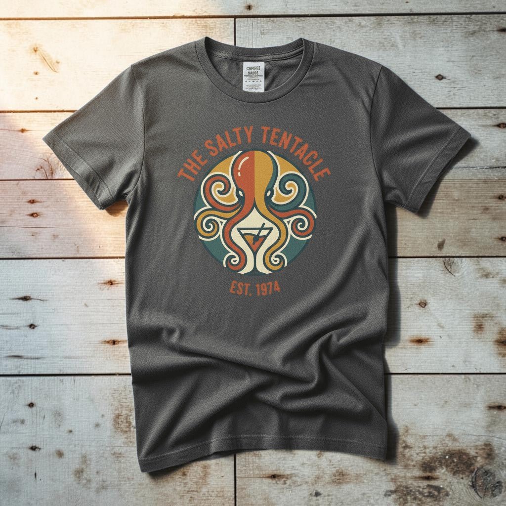 Salty Tentacle Bar graphite garment-dyed tee casually tousled on rustic reclaimed wood