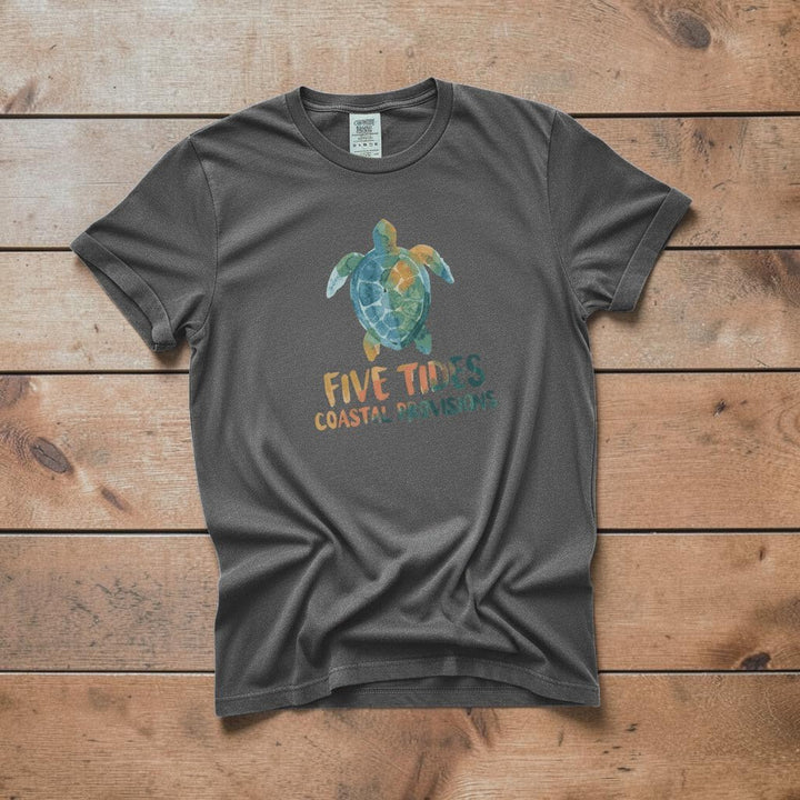 Sea Turtle Coastal graphite garment-dyed tee casually tousled on rustic reclaimed wood