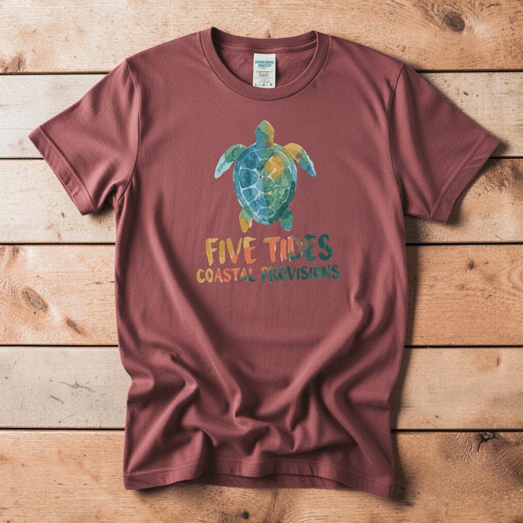 Sea Turtle Coastal brick garment-dyed tee casually tousled on rustic reclaimed wood