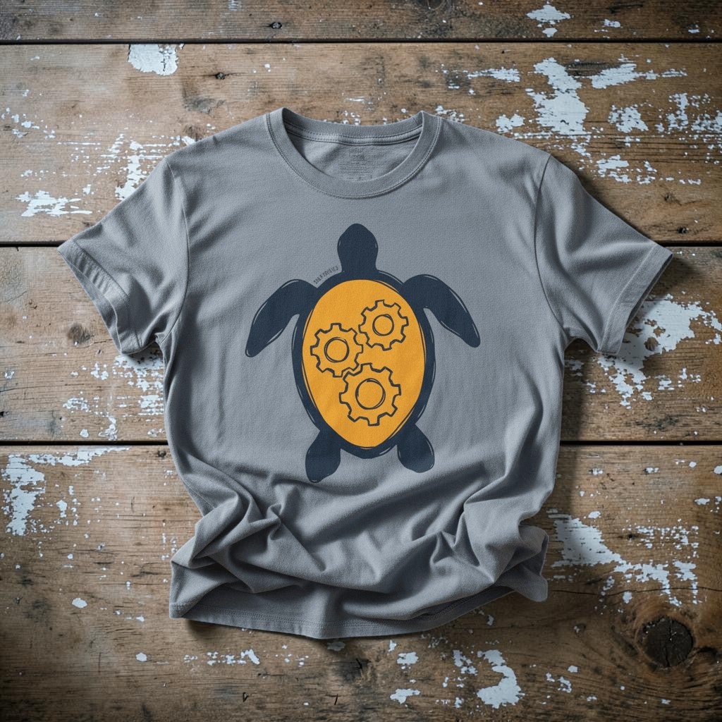 Sea Turtle Gear graphic t-shirt in Blue Jean casually tossed on a light sand-colored woven rug