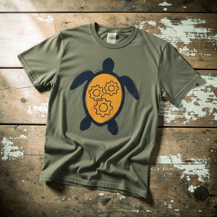 Sea Turtle Gear graphic t-shirt in Moss olive green casually tossed on a light sand-colored woven rug