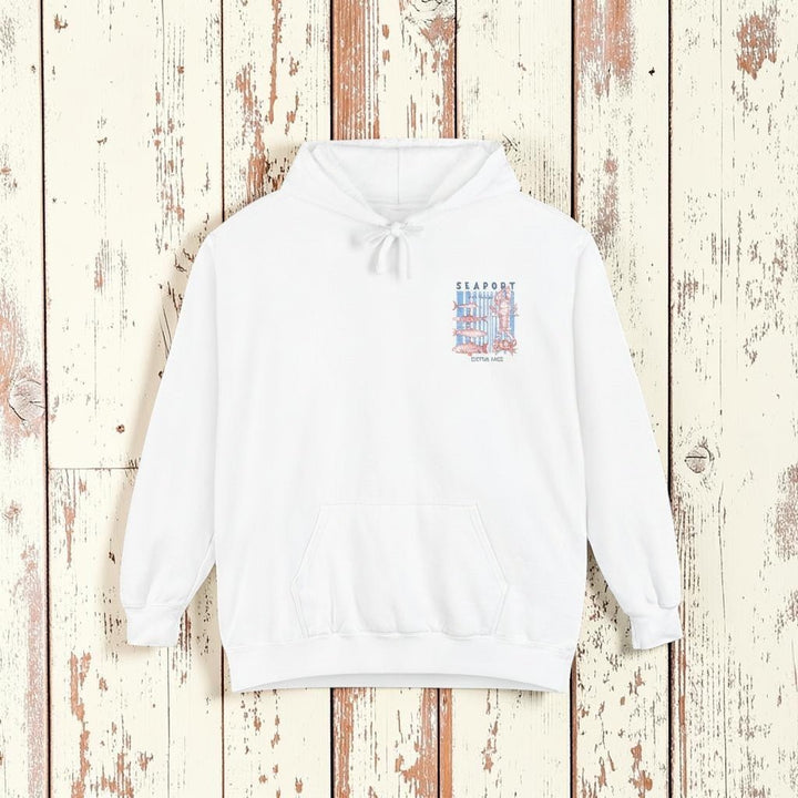 White hoodie with a colorful graphic on the chest against a white background