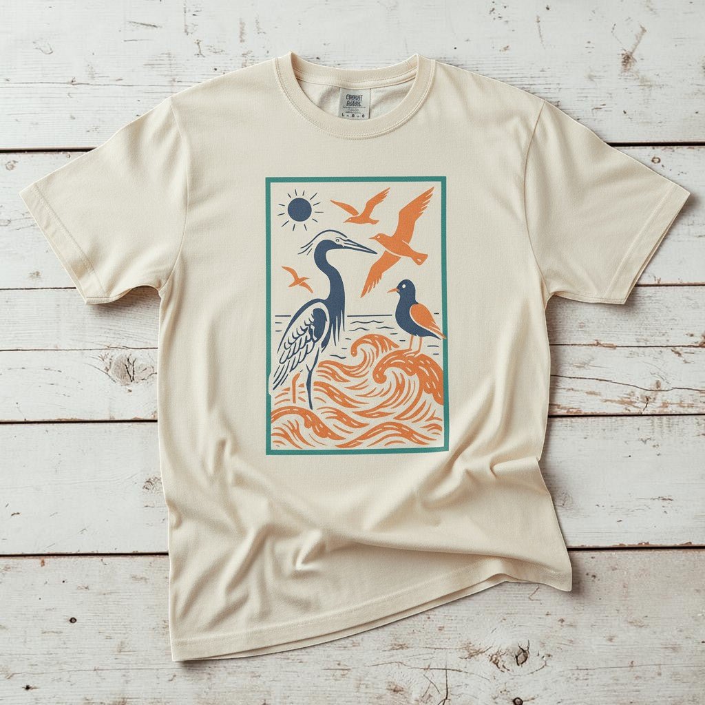 Serene Coastal Nature Scene ivory garment-dyed tee on faded driftwood planks