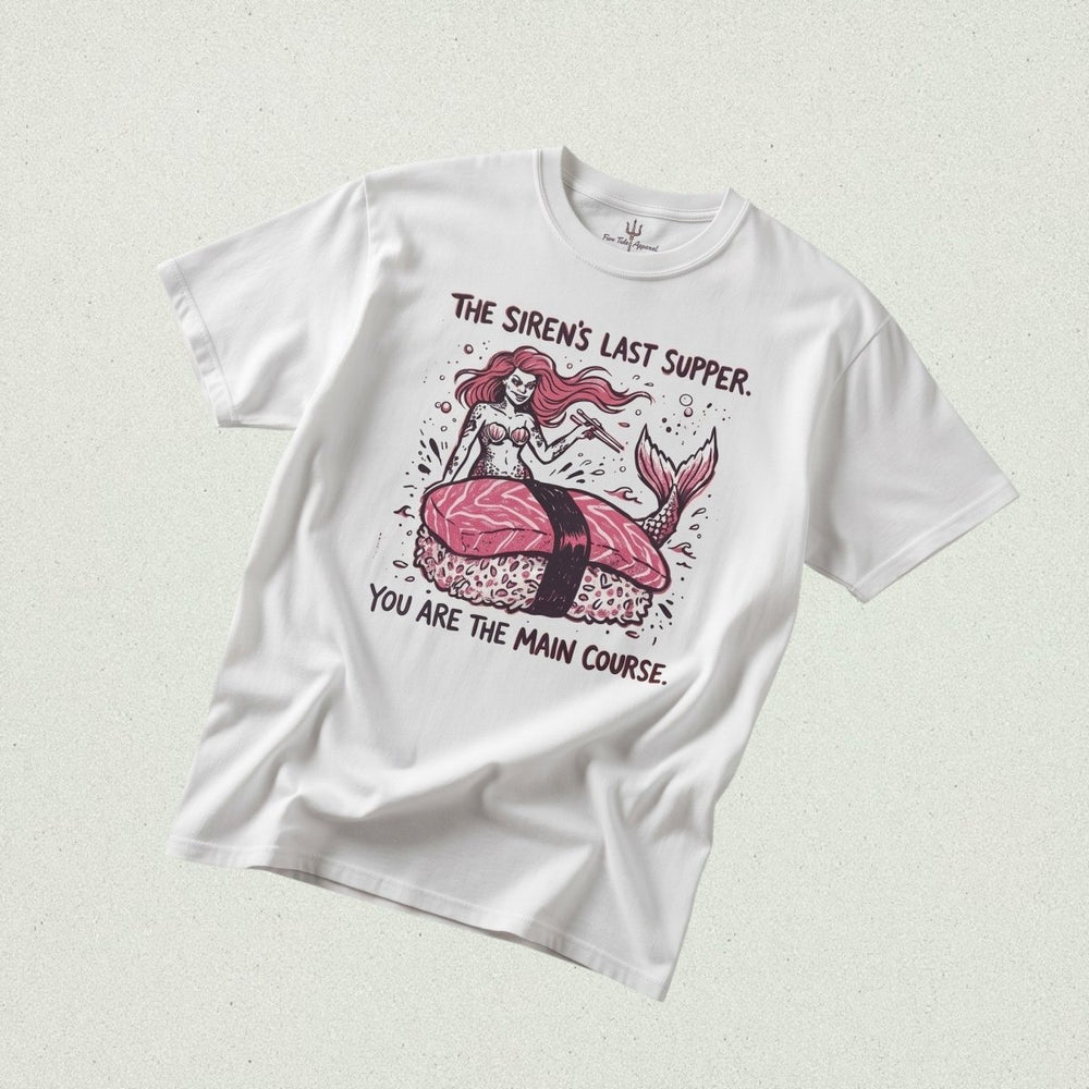 FIVE TIDES APPAREL white heavyweight cotton t-shirt featuring a mermaid sushi graphic and humorous text.