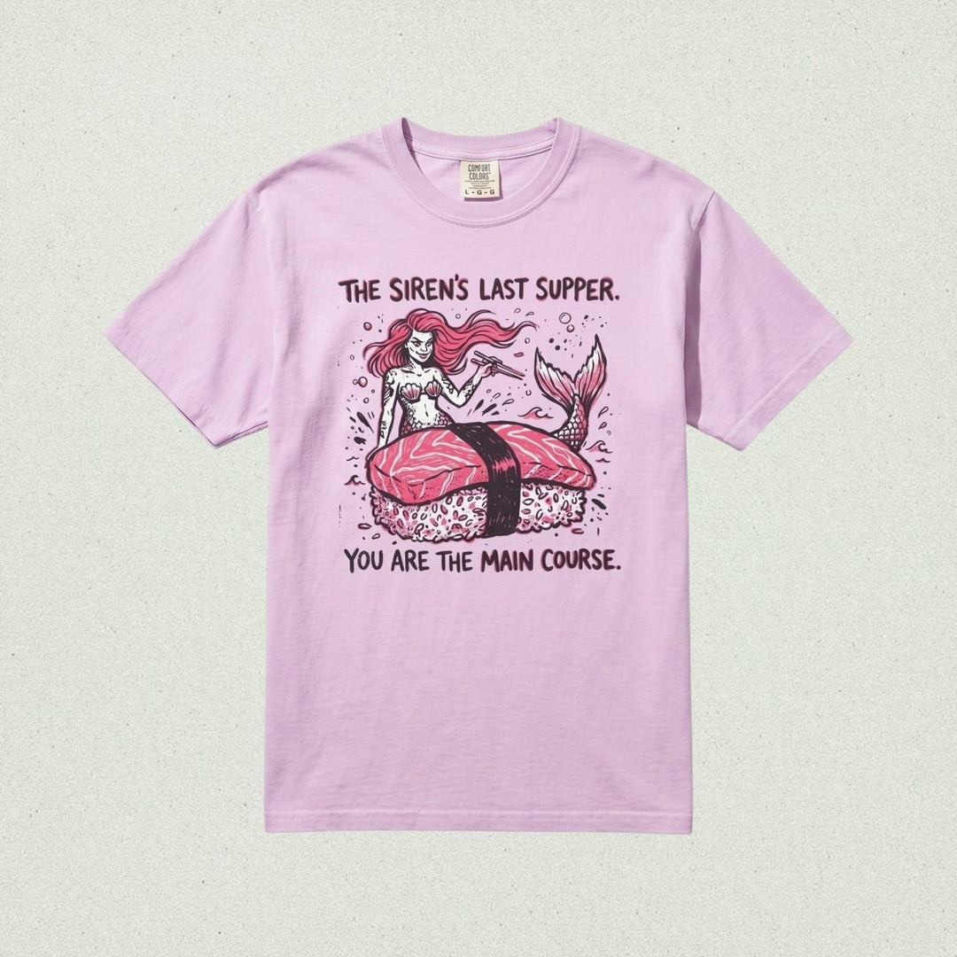 FIVE TIDES APPAREL orchid pink heavyweight cotton t-shirt featuring a mermaid sushi graphic and humorous text.