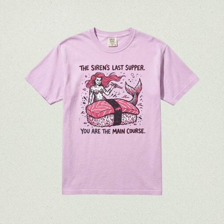 FIVE TIDES APPAREL orchid pink heavyweight cotton t-shirt featuring a mermaid sushi graphic and humorous text.