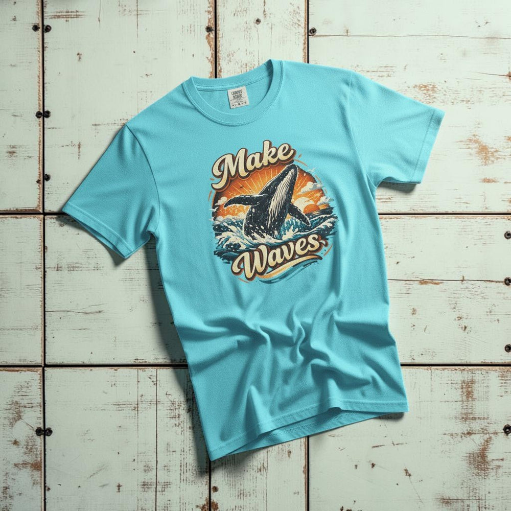 Soak Up the Sun lagoon blue garment-dyed tee casually tousled on rustic reclaimed wood