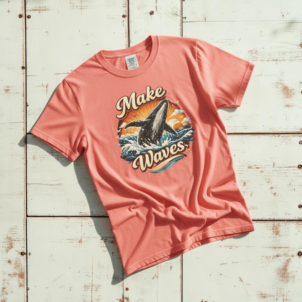 Soak Up the Sun bright salmon garment-dyed tee casually tousled on rustic reclaimed wood