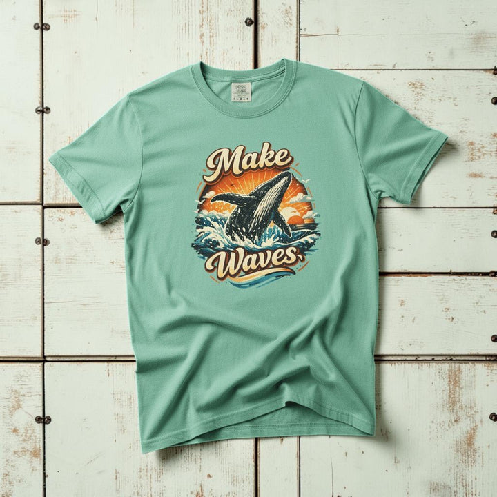 Soak Up the Sun island reef garment-dyed tee casually tousled on rustic reclaimed wood